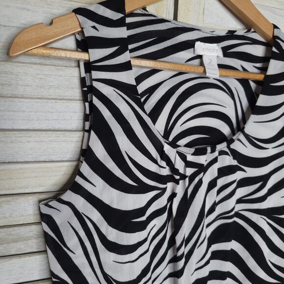Chico's Women Sz 2 US L Black White Zebra Print Mesh Pleated Scoop Neck Tank Top - Picture 3 of 6